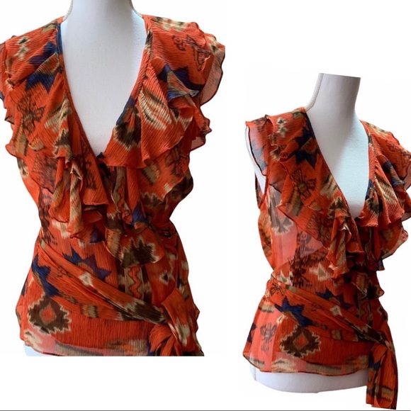 RALPH LAUREN RUFFLED WRAP SILK BLOUSE BURNT ORANGE - Picture 2 of 12